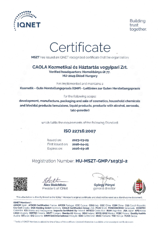 Magyar Szabványügyi Testület Igazolás GMP 2 MSZ EN ISO 22716 2008 kep